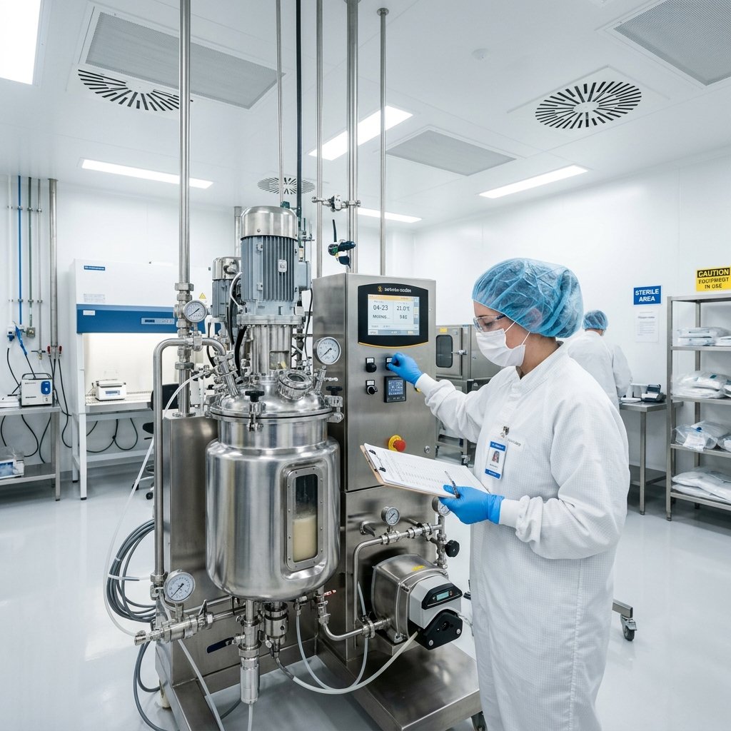 Technician operating sterile extraction bioreactor unit